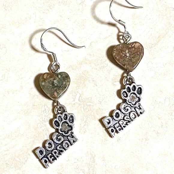 2/$20, Natural Unakite Stone Heart + Dog Person Dangle Earrings - Picture 1 of 9
